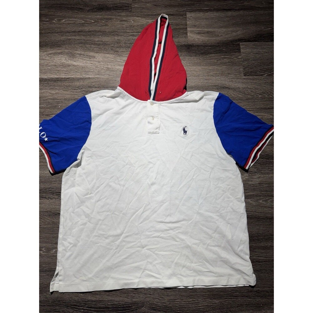 Polo Ralph Lauren Mens XL Hooded Polo White Red Blue Big Pony Colorblock Rare
